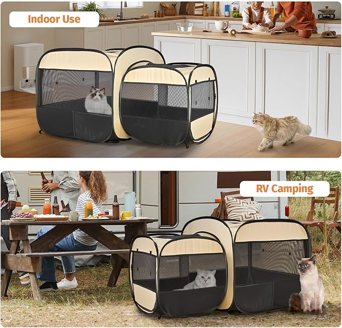 EighteenTek® 2-in-1 Portable Cat Playpen(End Doors), Pop up Kitten Playpen, Assembly-Free, Pet Tent Crates Kennel Cage Enclosure for Dog Puppy Indoor Outdoor(Beige)(No Divider, Unified Space)