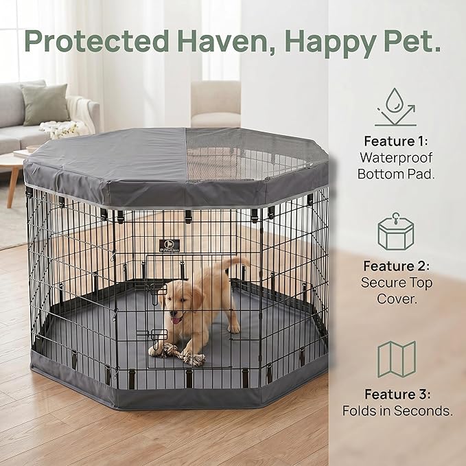 PJYuCien Dog Playpen with Top Cover and Bottom Pad - Metal Foldable Exercise Pen, 8 Panels 42" H x 24" W Indoor Outdoor Pet Fence Puppy Crate Kennel, Gray