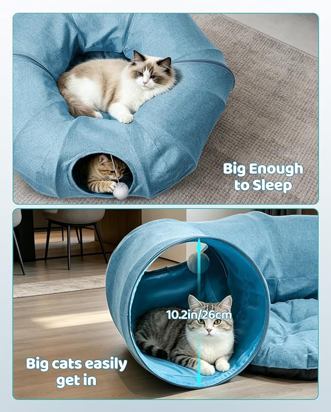 Odoland Linen Cat Tunnels with Central Cat Bed, Interactive Cat Toys Detachable Washable Soft Mat Large Indoor Play Tunnel Cave for Kittens, Cats and Small Animals