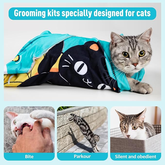 Cat Grooming Wrap21.7"*21.7", Self-Adherent Anti-Scratch Swaddle Restraint, Nail Clipping, Anti-Bite, Anti-Scratch, Anti-Escape Calming Wrap Multifunctional Care Pet Tools M