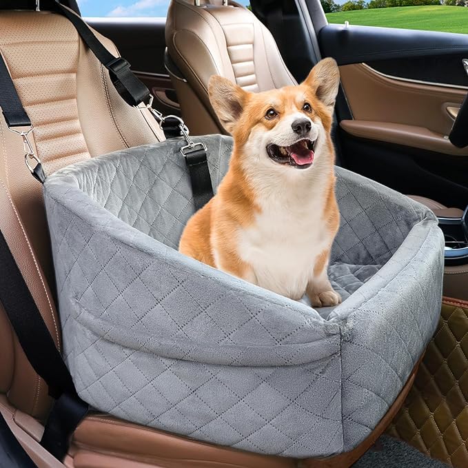 NEEZUKAR Dog Car Seat for Small Dogs,Detachable Washable Dog Booster Seat for Medium Dogs Under 30lbs, Pet Car Seat Travel Bed with Storage Pockets and Dog Safety Belt (Grey)