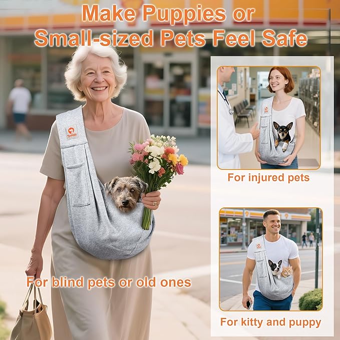 Tomkas Small Dog Cat Sling Carrier Puppy Purse Travel Wrap Soft Crossbody Pet Bag (Gray, M - Classic Pocket & Classic Strap)