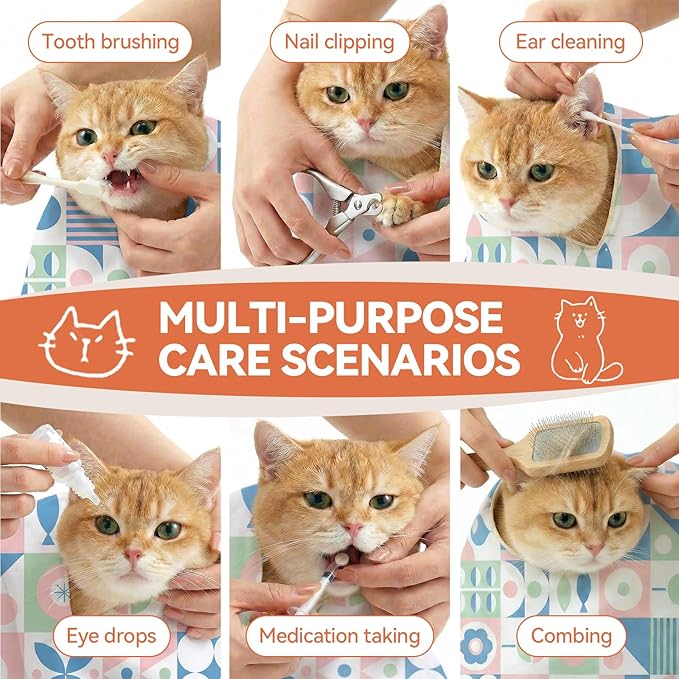 BFNN Cat Grooming Wrap for Cutting Nails, 27.6" Anti-Escape Calming Cat Swaddle Wrap for Medicine, Nail Clipping, Teeth Brushing, Ear Cleaning, Self-Adherent Burrito Restraint, (Geometric Fish, L)