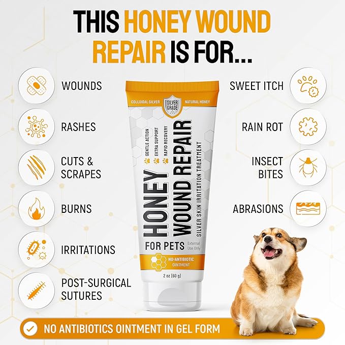 Hot Spot Treatment for Dogs & Cats – No Antibiotic Wound Ointment for Dogs – Scratches & Irritations – Honey Wound Repair Gel for Horses – Colloidal Silver – 2-Oz Tube