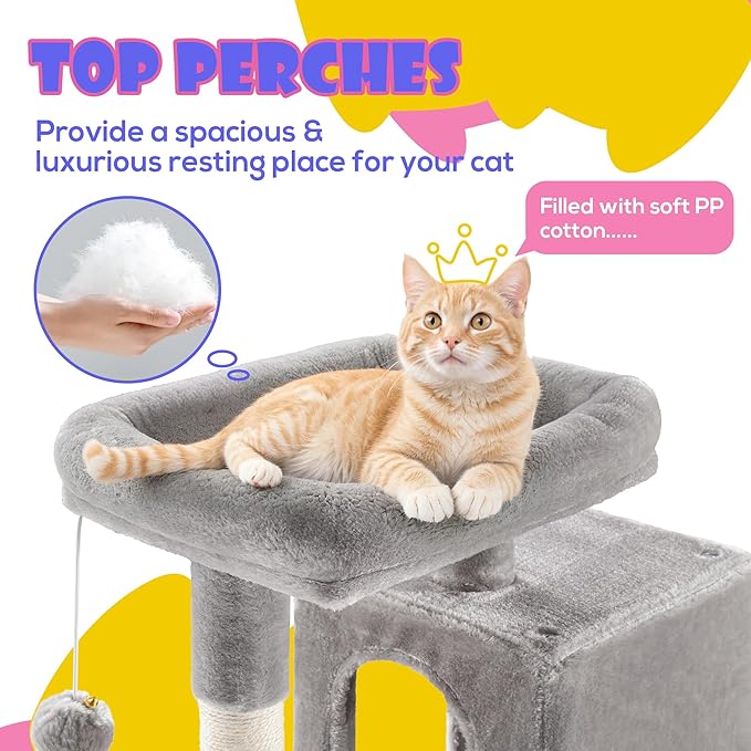 SHA CERLIN 29in Cat Tree for Indoor Cats, Multi-Level Cat Tower with Large Perch, Cozy Condo, Playful Toy Balls, Sisal Scratching Posts, Stable Pet Furniture Activity Center, Space-Saving, Light Grey
