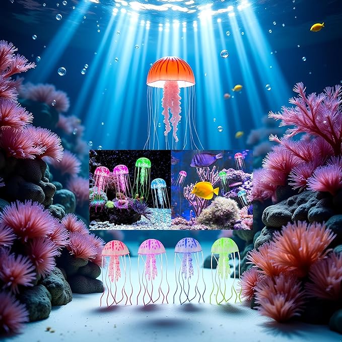 4 Pcs Fluorescence Jellyfish Aquarium Decorations for Large Small Fishtank Glowing Jellyfish Toy for Fish Tanks Jellyfish Decorations for Bedroom, Aquatic Pets