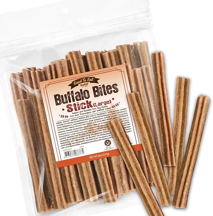 Gootoe Buffalo Dog Treats, Natural Low-Fat Chews for Training & Rewards, Limited Ingredient, Puppy Treats for Medium Dogs, Buffalo Bites Stick (Large), 8 oz