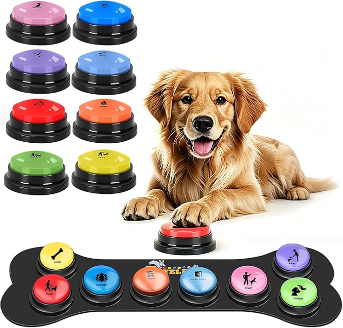 Dog Buttons for Communication Starter Pack 8 Dog Talking Button Set, 30s Voice Recording Speaking Button Pet Speech Training Buzzers with 30 Scene Stickers and Dog Button Mat for Animal Training