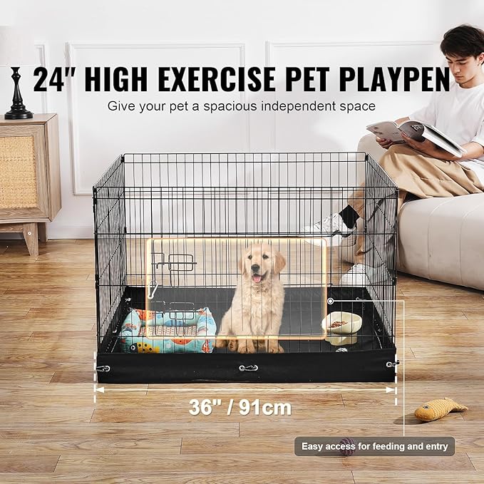 Happybuy Foldable Metal Dog Playpen, 4 Panels of 24 x 36 in, with Door and 600D Oxford Fabric Bottom Pad, Ideal for Dogs, Cats and Other Small Pets, Both Indoor and Outdoor Use