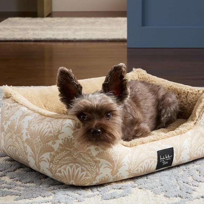 Nicole Miller NEW YORK PET Mod Damask Plushy Bolster Pet Bed, Cozy & Calming, Non-Slip Bottom, Machine Washable Cover, Taupe, Large 35"x28"x8"