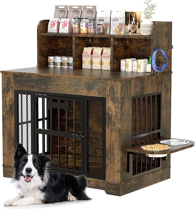 Petrova 33" Dog Crate Furniture with Storage Shelf & 2 Stainless Steel Bowls, Heavy Duty Indoor Dog Kennel for Medium/Small Dogs, Wooden Dog Cage with 4 Hooks, LED Light, Walnut Brown