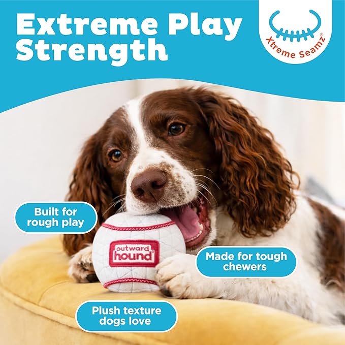 Outward Hound Xtreme Seamz Dog Toy, Reinforced Seams & Multiple Stitching, Durable Plush with Squeakers, Baseball, 4.7”