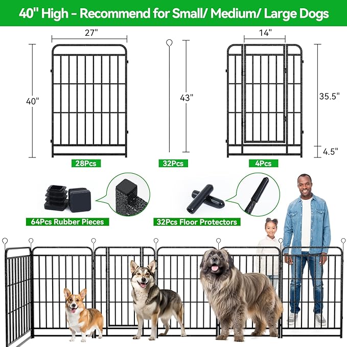 Kfvigoho Heavy Duty Dog Playpen: 32 Steel Panels 40" Height, Square Steel Pipe with Reinforced Crossbars, 71FT 406 Sq.ft Portable Fence for Yard RV Camping, Snowy Black