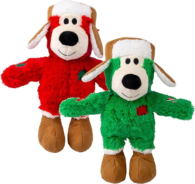 KONG Christmas Holiday Wild Knots Bear Dog Toy – Durable Rope Skeleton, Squeaker for Long-Lasting Play, Less Stuffing for Less Mess, Assorted Colors (2 Pack, Small/Medium)