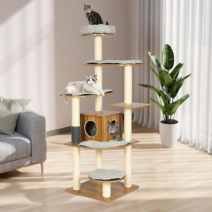 KAMABOKO 69”H Tall Wood Cat Tree, Large Cat Tower Multi-Level Platforms with Sisal Scratching Posts, Cat Condo for Large Cats 20 lbs Heavy Duty (69” H Wood Brown)