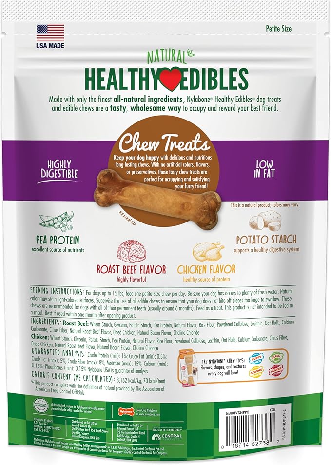 Nylabone Healthy Edibles Natural Dog Chews, Long Lasting Bones for Dogs, Roast Beef & Chicken Flavor Dog Treats, X-Small (34 Count)