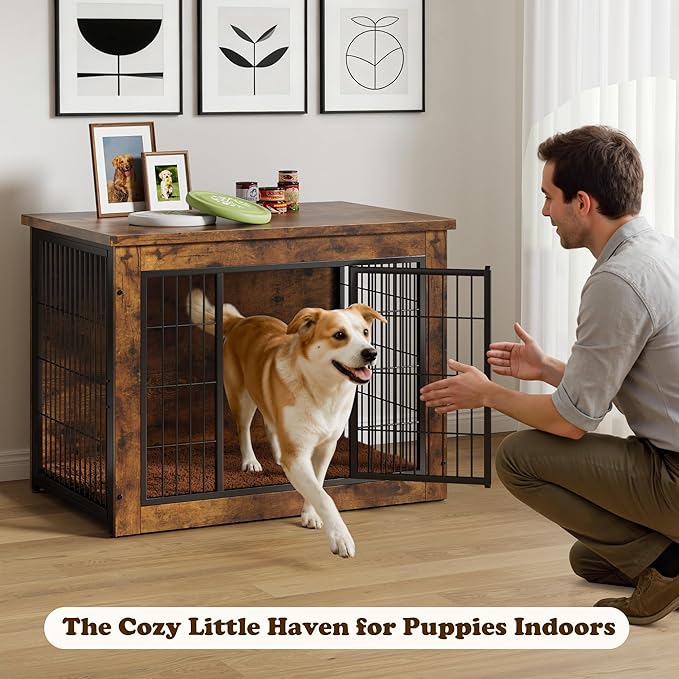 Dog Crate Furniture with Thick Cushion, Side End Table Wooden Dog Cage with Double Doors, Chew-Resistant Dog Kennel Dog House Indoor for Small to Large Dog