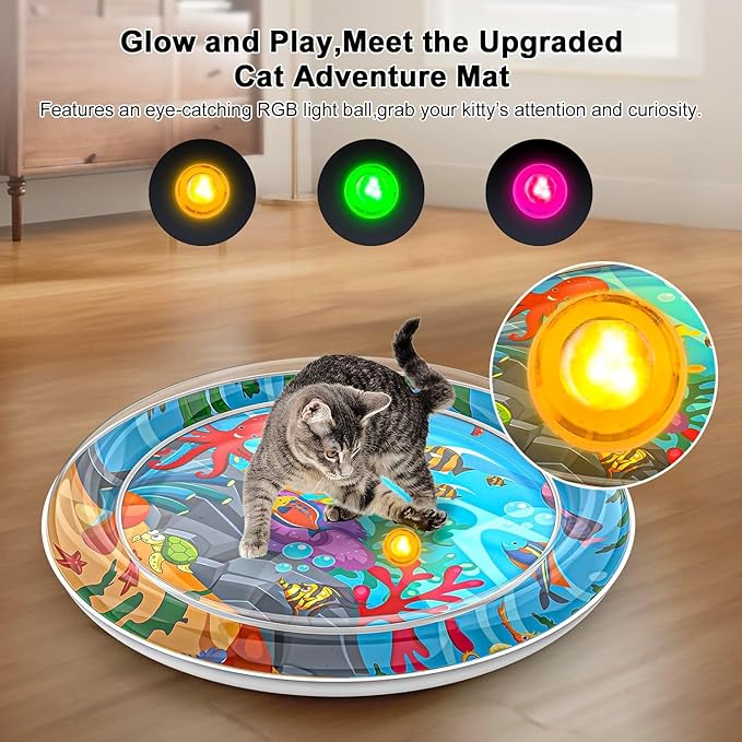 Cat Dog Water Mat with 3PCS Multi-Color Lights [ Newly Upgraded, 2 Layers Thickened Pet ] Anti-Scratch Leak Proof, with Floating Fish for Indoor and Outdoor Cat Dog Toys (Octopus & Light)