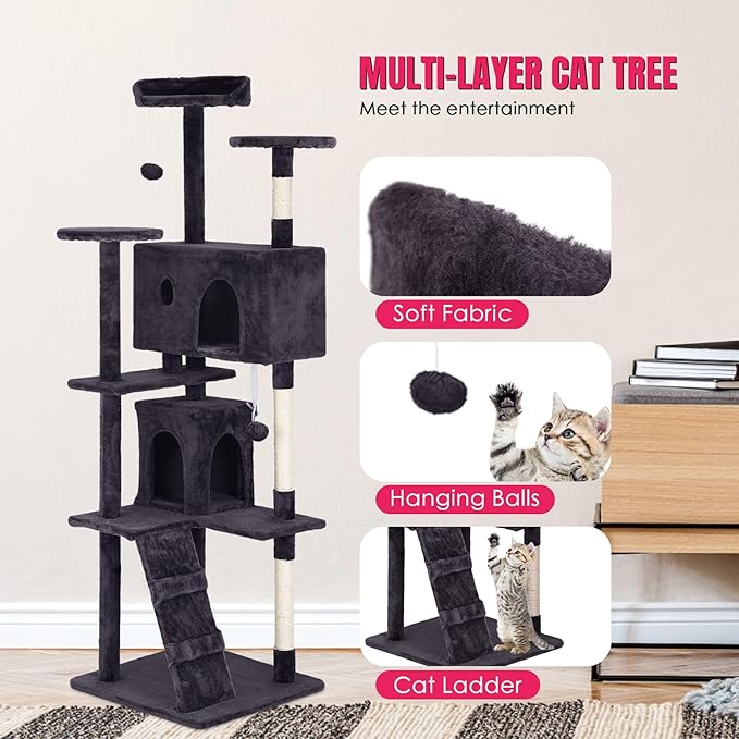 24/7 Shop at Home Court 70 inch Multi-Level Cute Cat Tree Tower with Dangling Ball and Scratching Posts for Indoor Cats Adults, Kitten Supplies, Pet House, Ash Gray