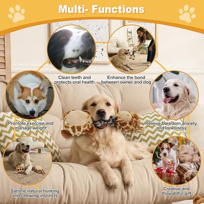 Giraffe Plush Squeaky Dog Toy with Rope Neck Puppy Teething Chew Toy Cute Soft Fun Multi-Functional Interactive Tug of War Dog Rope Toy for Small Medium Large Dogs Toy Gift 30cm/11.81in