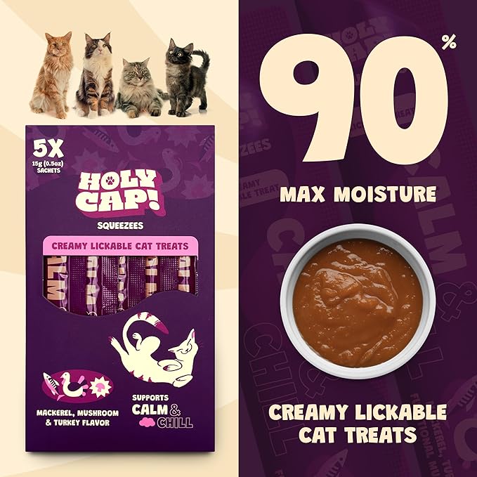 Calm & Chill Grain-Free Lickable Cat Treats, 5 Squeezable Purée Tubes (0.5 oz Each), Mackerel & Turkey Flavor, Creamy Cat Purée with Clean Ingredients, Hand-Fed Treat or Meal Topper
