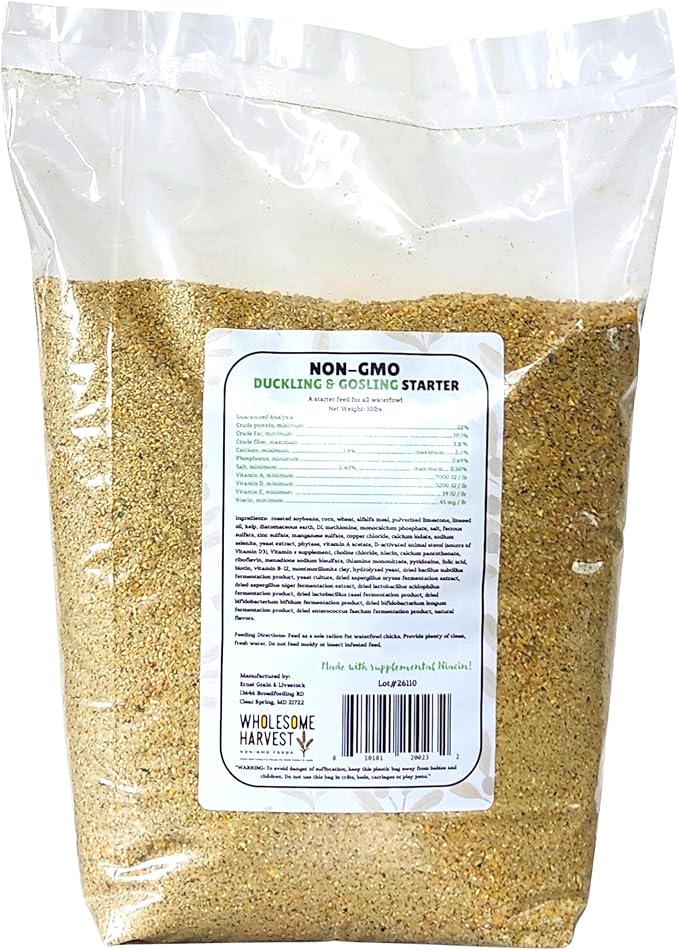 Non-GMO 10 lb Natural Gosling & Duckling Starter Feed - 22% High Protein Complete Bird Feed with Cracked Corn, Soybeans, Vitamins & Probiotics Formula for Healthy Flock Growth