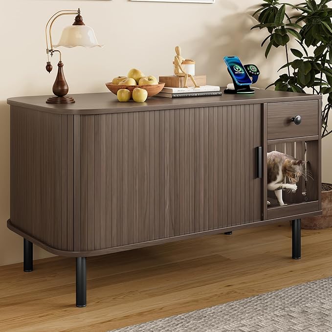 Merax 37.4" Cat Litter Box Enclosure with Sliding Door & Charging Station, Wooden Hidden Litter Box Enclosure Furniture w/Storage Drawer, Modern Indoor Cat House, TV Stand for Living Room, Brown