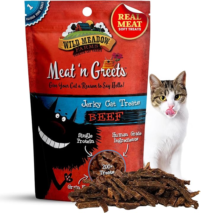 Cat Treats - Meat 'N Greets - Soft Jerky Treats with Real Meat, High Protein, Grain-Free, Perfect for Training & Rewarding, All Natural Snacks for Cats - Beef Flavor