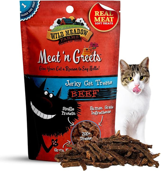 Cat Treats - Meat 'N Greets - Soft Jerky Treats with Real Meat, High Protein, Grain-Free, Perfect for Training & Rewarding, All Natural Snacks for Cats - Beef Flavor