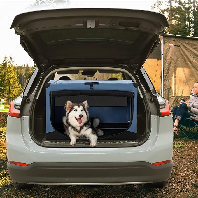 PETSFIT 40" Soft Portable Dog Crate – Patented Spiral Sturdy Frame, Collapsible Travel Kennel for Large Dogs, 3 Mesh Door, Lockable Zippers, Indoor & Car Use Blue