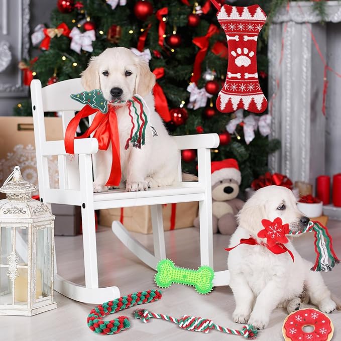 JellyArch 8 Pcs Christmas Dog Toys Gifts Christmas Stocking with Rope Knot Squeaky Plush Chew Toys for Xmas Gifts for Teething Puppy Small Medium Dog
