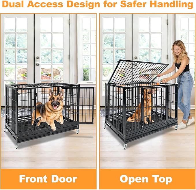 Homey Pet Heavy Duty Dog Crate for Large Dogs, 47 Inch Stackable Large Dog Cage with 4 Wheels, 2 Removable Trays and Grids, Multi Locks Strong & Solid Escape Proof Dog Kennel Indoor