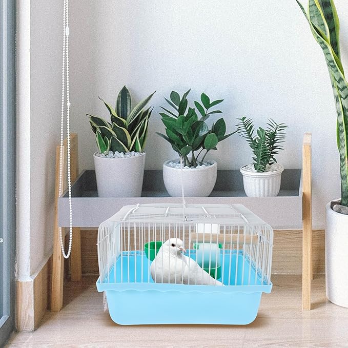 Portable Small Bird Travel Cage with Perch, Food Box, and Water Dispenser, Mini Parakeet Carrier Cage for Indoor and Outdoor Use, Blue