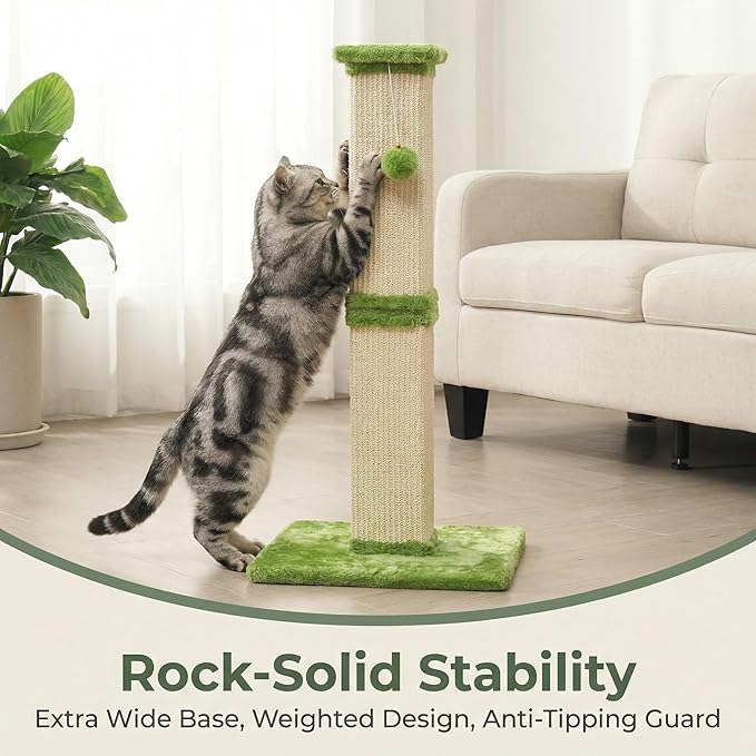 Fansafurn Tall Cat Scratching Post, 32'' Heavy Duty and Thick Scratching Post, Scratching Post for Adult Cats, Thick Sisal Rope with Hanging Ball, Green
