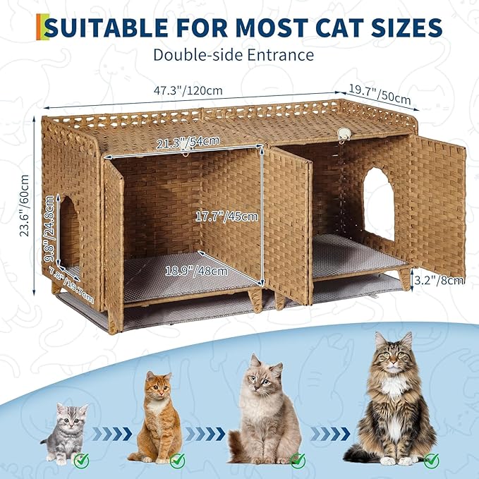 Cat Litter Box Enclosure Furniture, Handwoven Rattan Cat Houses, Hidden Cat Washroom Furniture with Door/Mat, Large Space Cat Houses with S-Shaped Hooks, Living Room, Bedroom, Natural