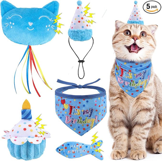 BINGPET Cat Birthday Catnip Toys for Indoor Cats, 5 Pcs Cat Birthday Gift Kitten Interactive Toys for Boy Girl Cats, Soft Plush Catmint Kitty Chew Kick Toy, Hat, Bandana, Balloon, Cake, Fish, Sky Blue