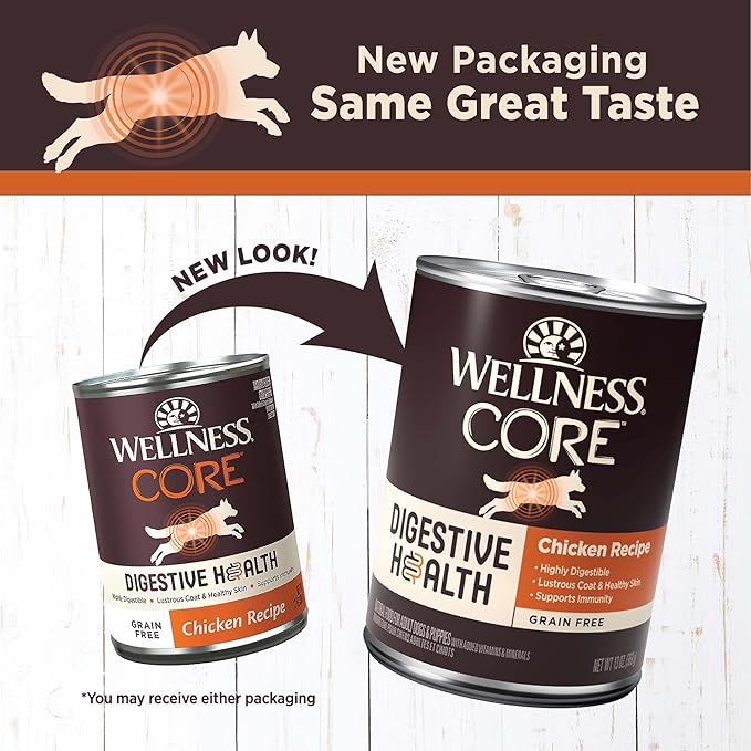 Wellness CORE Digestive Health Pate Variety Pack Adult Canned Wet Dog Food, Grain Free, Sensitive Stomach, Natural 13 oz, Pack of 6 Cans