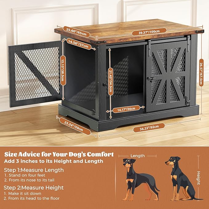 VOPEAK 40" Farmhouse Dog Crate Furniture, Heavy Duty Dog Cage for Medium Large Dogs, Wood Dog Crate Dog Kennel Indoor with Double Doors, Chew Resistant End Table for Bedroom Living Room, Black