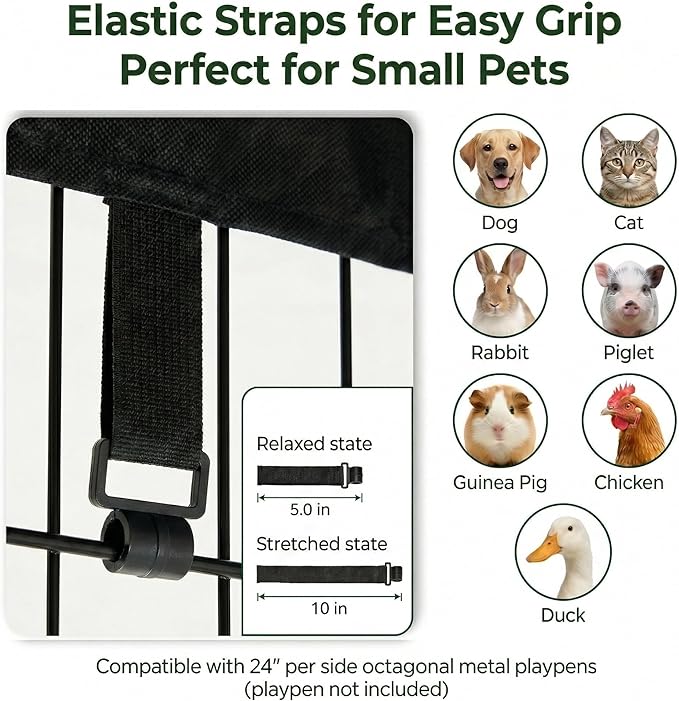 PJYuCien Octagonal Playpen Top Cover for 24" Side Metal Pet Pen, Half Mesh Half Oxford with Silver Coating & Snap Hooks, Predator & Weather Protection, Cozy Den for Puppy Small Animals, Black