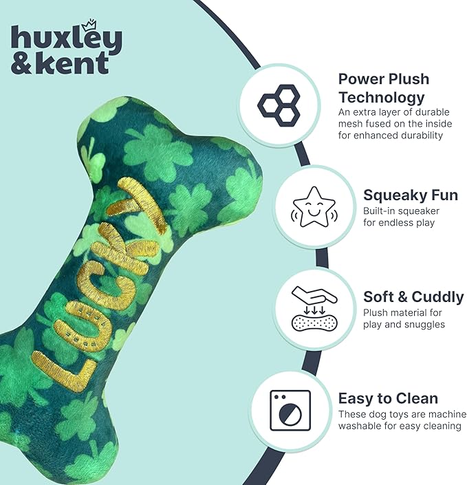 Huxley & Kent Funny Dog Toy w/Squeaker – St. Patrick's Day Power Plush Squeaky Dog Toys for Small, Medium & Large Dogs – Soft Stuffed Animal for Indoor Play & Fetch - Lucky Charm Bone, Small