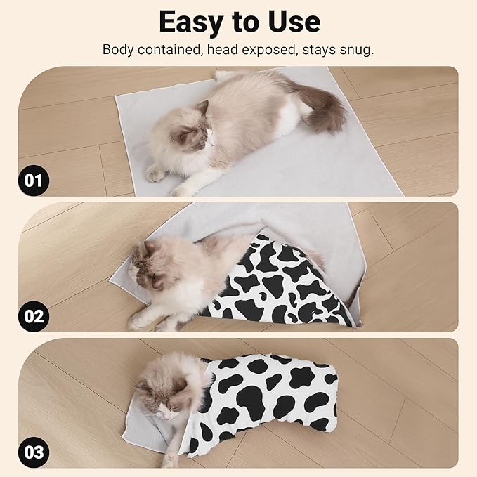 Purrfect Peace Cat Swaddle Wrap – Professional Calming Restraint Bag for Grooming, Nail Trimming & Medicine - Adjustable Cat Restraint for Grooming, Vet Visits (Cow Pattern, S)