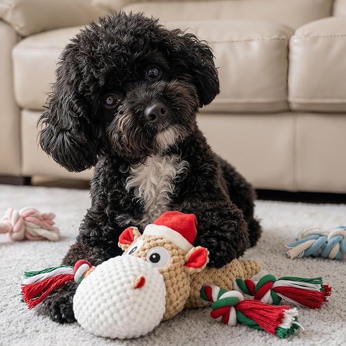 Dog Toys for Small Medium Dogs - Squeaky Hippo Plush Dog Toys with Crinkle Paper, Cotton Ropes for Tug Games