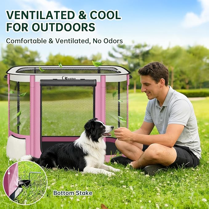 Siedihit Dog Cat Playpen Crate with Washable Pee Pad, Reinforced Durable Dog Cage, Portable Foldable Pet Kennel with Breathable Visibility (Pink, Extra Large)