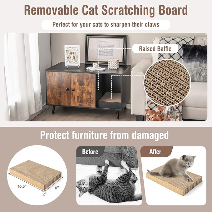 Tangkula Cat Litter Box Enclosure, Cat Washroom W/Divider, Scratching Pad, Metal Leg, Enclosed Cat Box Cabinet Pet House W/Double Doors, Litter Box Furniture Hidden for Large Cat (Rustic Brown)