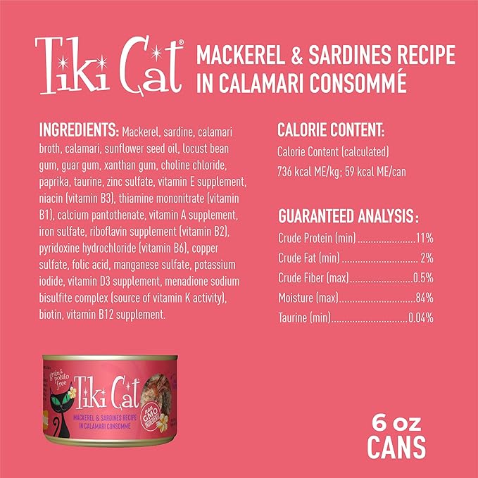 Tiki Cat Grill, Mackerel & Sardines, High-Protein and 100% Non-GMO Ingredients, Wet Whole Foods Cat Food for All Life Stages, 6 oz. Cans (Pack of 8)