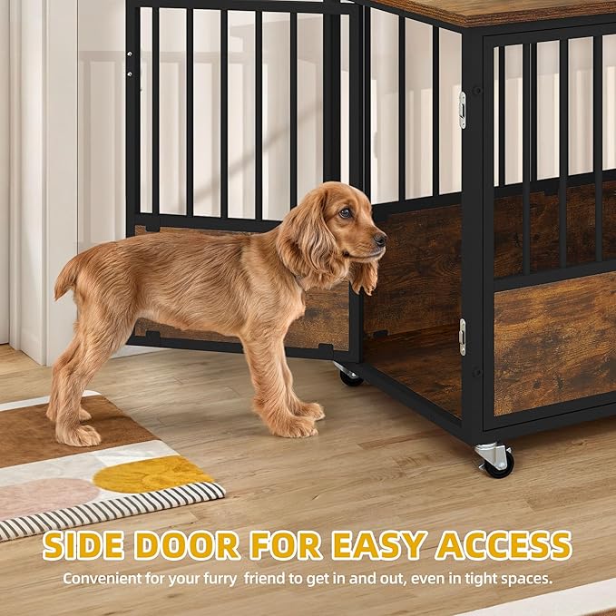 DWVO Dog Crate Furniture with Wheels, 38 Inch Dog Kennel Indoor Furniture End Table Dog Crate for Dogs, Farmhouse Decorative Wooden Dog Cage Table with Double-Doors, Chew-Resistant, Rustic Brown