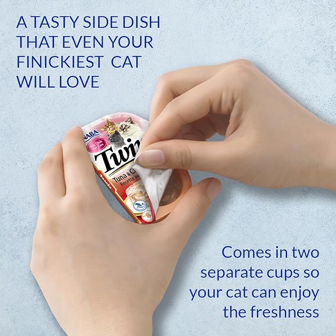 INABA Twins for Cats, Grain-Free Shredded Chicken & Broth Gelée Side Dish/Complement/Topper Cups, 29.52 Ounces Total, Tuna & Chicken with Scallop Recipe, 1.23 Ounces (Pack of 24)