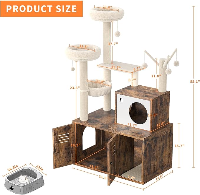 Modern Wooden Cat Tower with Hidden Litter Box Enclosure, Multi-Level Cat Condo, Scratching Posts, Cozy Hanging Basket & Toy, Durable Cat Tree Furniture for Indoor Cats, Vintage Brown