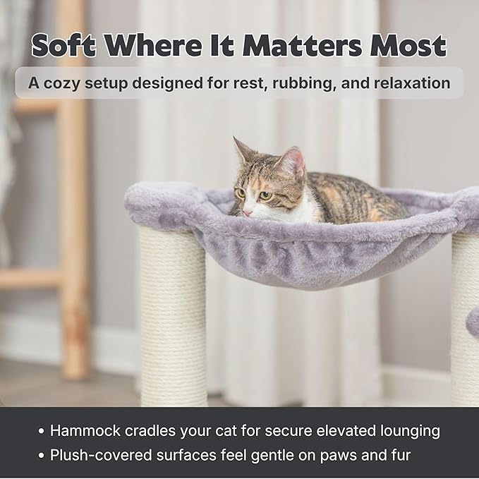 Trixie Baza Cat Scratching Posts, Indoor Cat Furniture with Plush Hammock, Jute Scratcher Posts and Dangling Toy Ball, 15.7" L x 15.7" W x 19.7" H, Gray