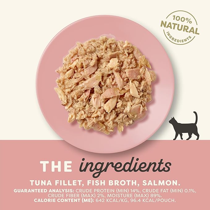 Applaws Natural Wet Cat Food in Broth, Limited and Natural Ingredients, High Protein with No Artificial Additives, Tuna Fillet & Salmon in Broth (12 x 5.3oz Pouches)